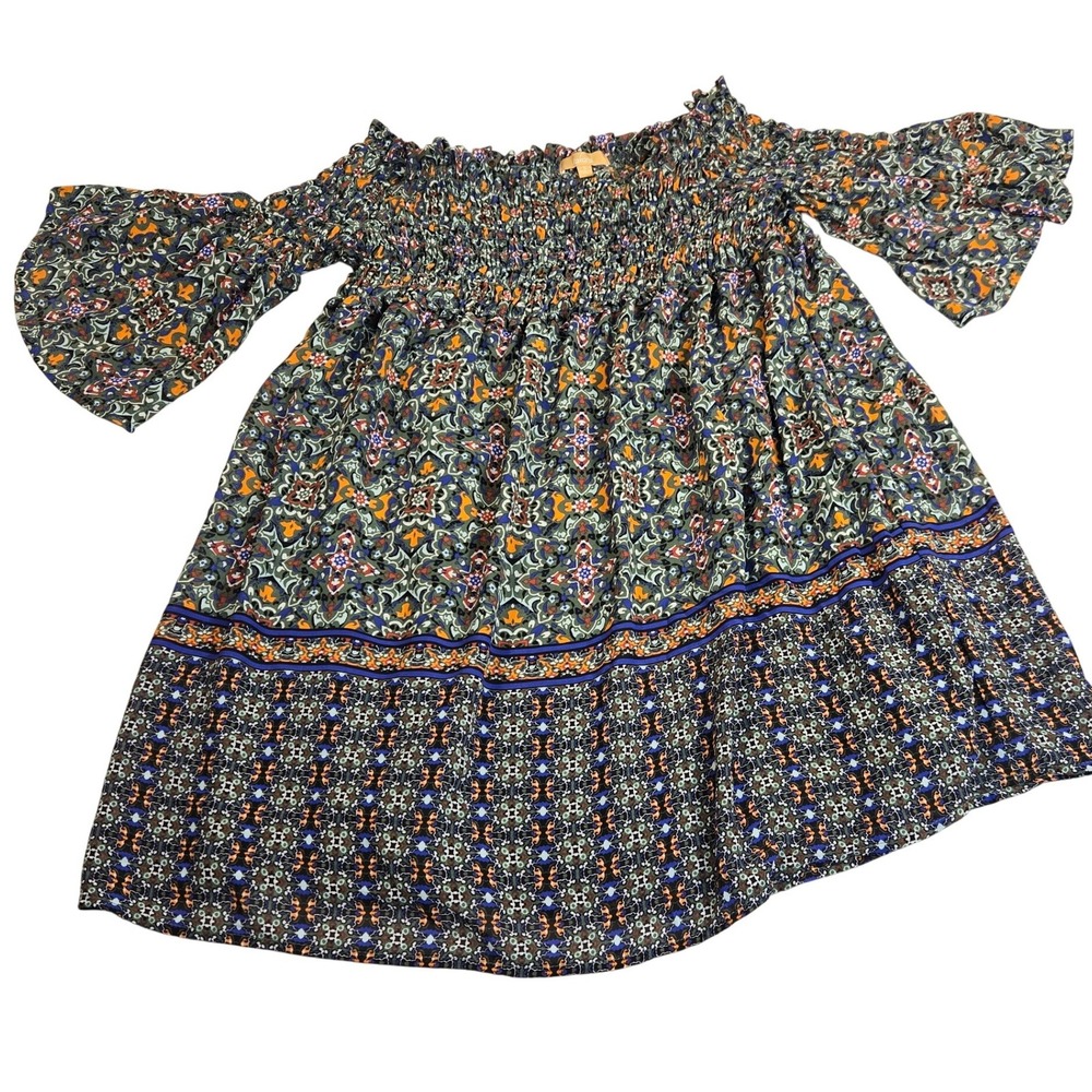 Takara Womens Smocked Off Shoulder Medallion Print Mini Dress Green Orange S